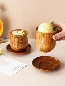 Tasses à café et à thé en bois faites à la main avec soucoupes, grain de bois naturel, design minimaliste, forme ronde, poignée pour le thé de l'après-midi - Product Image 1