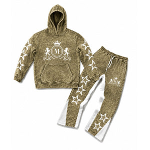 Ensemble de survêtement à capuche délavé à l'acide olive avec étoiles blanches et pantalon long à cordon de serrage 350 g/m² 100 % coton Streetwear - Product Image 1