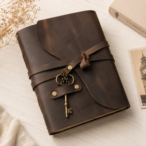 Carnet à couverture rigide en cuir vintage New Era avec fermeture à clé, couleur marron, reliure cousue, bords festonnés, 100 feuilles de papier aquarelle - Product Image 1