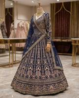 Lehenga Choli Biru Dongker Elegan Bahan Georgette Imitasi Panjang Menyentuh Lantai Bordir Emas Anti Kusut Cepat Kering untuk Pernikahan India Pakistan