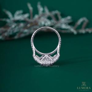Luxury 18K White Gold Oval Cut 3-Stone Engagement <b>Ring</b> with Half <b>Moon</b> Side Stones Continuous Halo - Product Image 6
