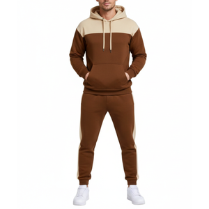 Survêtement homme bicolore marron et crème de qualité supérieure – Sweat à capuche et pantalon de jogging assorti - Product Image 1
