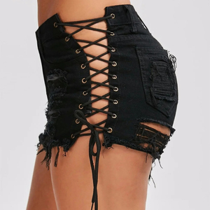 Women's High Waist <b>Black</b> Denim <b>Shorts</b> Asymmetric Ripped Lace Up Hollow Out Sexy Summer Style - Product Image 2