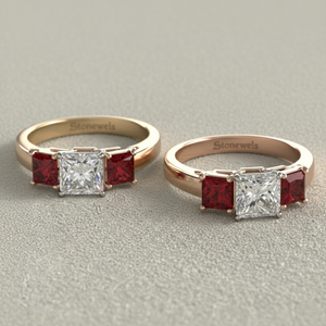 Anillo de Compromiso con Tres Piedras de Diamante Corte Princesa Creado en Laboratorio, con Rubí Lateral, Estilo Vintage, para Anillo Nupcial de Oro Certificado OEM - Product Image 4