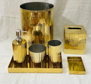 Luxurious satin brass metal bathroom organizer set showcasing subtle mesh micro texture, available at wholesale price - Product Image 4