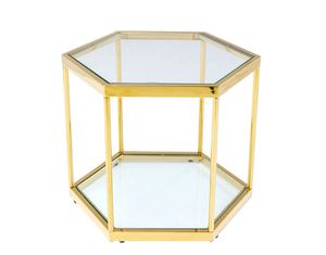 Mesas auxiliares y de centro únicas con tapa de metal dorado y vidrio, con un diseño audaz, perfectas para hogares, espacios rústicos e interiores de casas de campo. - Product Image 3