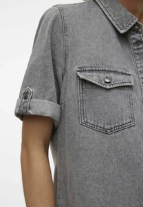 Camiseta de Verano para Mujer, Estilo Simple, Manga Corta, Cuello Mandarín, Botones al Frente, Bolsillo, 100% Algodón, Secado Rápido, Corte Ajustado, Denim - Product Image 4