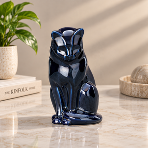 Feline Tribute Urn Blue Metal with <b>Cat</b> Figurine Design Glossy Finish Sculpted Details and Secure Memorial Ashes Storage - Product Image 1