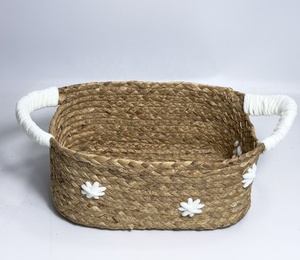 Cesta de almacenamiento tejida natural hecha a mano hermoso jacinto de agua con costura floral para artículos diversos - Product Image 2