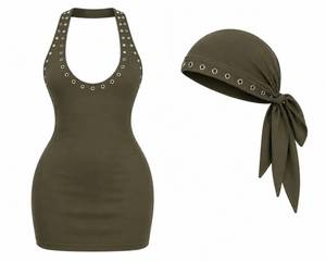 Body moulant vert olive pour femme avec col halter, foulard à nouer, détails rivets, sans manches, extensible, sexy, pour le printemps et l'été - Product Image 1