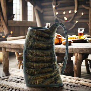 Jarra de Cuerno de Búfalo con Patrón Plano Irregular, Estilo Nórdico Ragnarok Vahalla, Experiencia de Bebida, Acabado Natural Pulido, Artesanía - Product Image 1