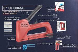 Pistolet à agrafes robuste 6-en-1 en plastique rouge avec poignée en TPR noir, actionné manuellement - Product Image 4