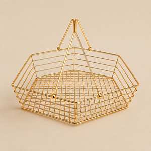 SAFA INTERNATIONAL <b>Gold</b> Wire <b>Storage</b> <b>Basket</b> Polygon Shape Handles Minimalist Design Stainless Steel Mesh Single Tier - Product Image 2