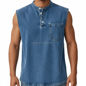 <b>Men's</b> Sleeveless Denim <b>Vest</b> Blue Washed Breathable Custom OEM Wholesale - Product Image 1