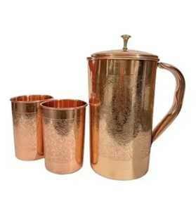 Skies Traders CG05 Engraved Copper Water Jug Lid Two Cups Handmade Rustic Eco Friendly Decorative Traditional Metal <b>Drinkware</b> - Product Image 1