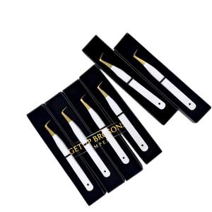 90 Degree <b>Boot</b> Precision Stainless Steel Anti-Static 10mm Smooth Tip white with Gold Tip Eyelash Tweezers Set Logo <b>Box</b> - Product Image 2