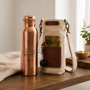 Elegante Juego de Dos Frascos de Cobre Pulido Lotus Unalome con Bolsa de Transporte, para Bebidas en Casa, Viajes y Fiestas - Product Image 1