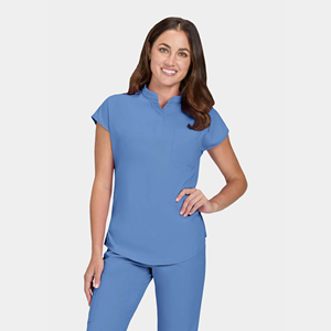 Uniformes Médicos de Alta Calidad para Mujer, Blusa Holgada con Cuello Mao y 1 Bolsillo, Color Rojo Vino, 95% [material] - Product Image 3