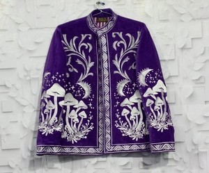 Embroidered Velvet Suzani Bomber Jacket-Breathable <b>Quilted</b> Reversible Windproof <b>Winter</b>/Spring - Product Image 1
