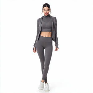 Women's Yoga Gym Fitness Active Wear <b>Set</b> 3pcs Crop <b>Tops</b> Jacket Mid Waist <b>Shorts</b> Solid Elastic Waist Closure Spandex/Nylon Front - Product Image 2