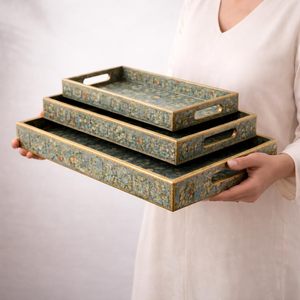Modern Wood Rectangular Floral Serving Tray Set with Handles Multi-Piece Decorative Trays for Home Entertaining - Product Image 1