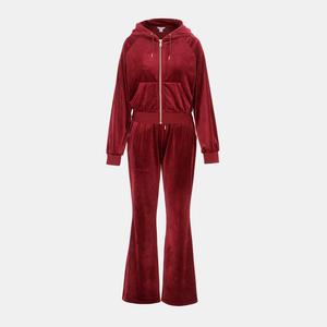 Ensemble de survêtement en velours pour femmes, 2 pièces, couleur unie, fermeture à cordon de serrage, décontracté, hiver, jogging, poches latérales - Product Image 1