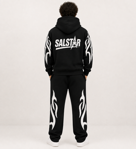 Conjunto de chándal negro personalizado para hombre, sudadera con capucha y pantalones deportivos, estampado de llamas negras, ropa deportiva informal, conjunto de 2 piezas - Product Image 2