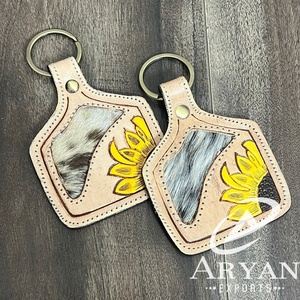 Handmade New Personalized <b>Tooled</b> Cowhide <b>Leather</b> Keychain Sunflower Western Key Fob Rustic Floral Car Key Holder Gift for Unisex - Product Image 1