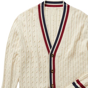Cardigan en tricot pour femme, rouge, style preppy contrastant, manches longues, col en V, poches, broderie, pour l'hiver - Product Image 3