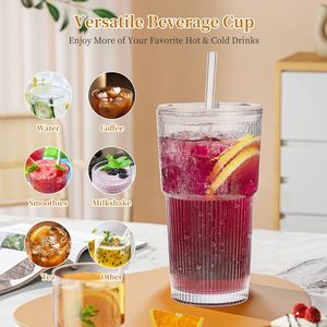 Set di 2 Bicchieri in Vetro a Righe Verticali per Acqua e Caffè con Coperchio di Alta Qualità e Spazzola per la Pulizia della Cannuccia - Product Image 5