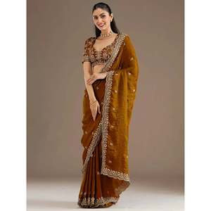Wedding Apparel Classic <b>Golden</b> Zari Embroidered Silk Reception <b>Saree</b> with Blouse - Product Image 3
