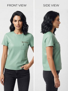 Camiseta de Cuero Genuino de Primera Calidad para Mujer, Cuello Redondo, Manga Corta, Corte Ajustado, Bolsillo Decorativo con Cremallera, Prenda de Moda - Product Image 3