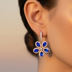18kt Solid Gold Lab Grown Blue Sapphire Gemstone Diamonds Dangling Drop <b>Earrings</b> Handmade Flower Shape Weddings Gift Jewelry - Product Image 2