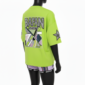 Ensemble short et t-shirt pour femme en coton doux et polyester, avec empiècements élastiques, logo personnalisé par transfert thermique, 100% coton - Product Image 5