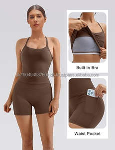 Conjuntos Deportivos de 2 Piezas para Mujer, Shorts de Cintura Alta con Bolsillos, Top Deportivo con Sujetador Incorporado, Cuello en V, Transpirable, Antibacterial - Product Image 2