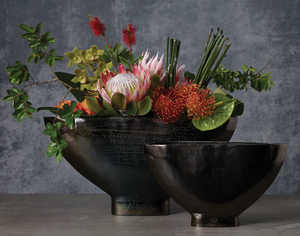 Modern Obsidian Black Footed <b>Boat</b> Vessel – Large Sculptural Metal <b>Planter</b> Bowl for Floral Arrangements, Table Centerpiece Decor - Product Image 1