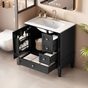 Lavandino moderno da bagno da 30 pollici con 3 cassetti lavello in ceramica grigio con struttura in legno massello armadio per la casa - Product Image 1