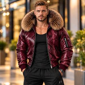 Men's Exotic Python Skin Hooded Bomber <b>Coat</b> with Fur Trim Premium Designer Outerwear | Herren Lederjacke | Chaqueta Hombre Cuero - Product Image 1