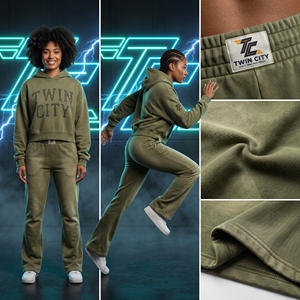 Women's Olive Green Twin City <b>Hoodie</b> and Sweatpants Set Full Sleeve Fleece Casual Loose Fit All Seasons 2 Piece <b>Long</b> Set - Product Image 4
