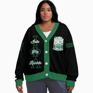 Cardigan tricoté personnalisé pour femmes Iota Phi Lambda, noir et vert émeraude, avec lettres, blason, numéro et année, boutonné sur le devant - Product Image 1