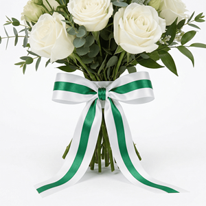 ริบบิ้นผ้าซาตินสีขาวลายเส้นสีเขียวตรงกลางขนาด 25 มม. ขายส่ง สำหรับห่อของขวัญ จัดดอกไม้ ตกแต่งบรรจุภัณฑ์ และงานฝีมือ - Product Image 3