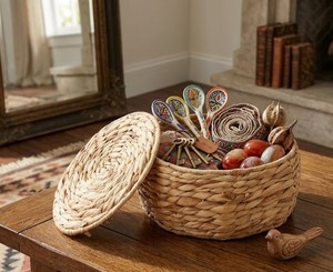 Eco Friendly Water Hyacinth Round Storage <b>Basket</b> with Removable Lid for Pantry Kitchen Dining <b>Table</b> and Home Decor from Vietnam - Product Image 5