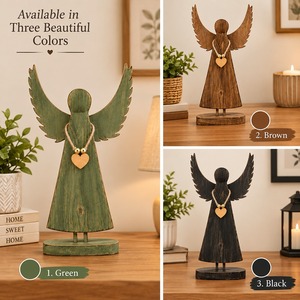 Figura de Ángel de Madera Hecha a Mano con Colgante de Corazón, Decoración Rústica Navideña para el Hogar, Adorno de Mesa Interior - Product Image 5