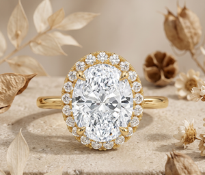 Anillo de compromiso de moissanita de oro amarillo de 14K con corte ovalado, halo oculto y engaste de puntas - Product Image 1