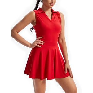 Women Red <b>Sleeveless</b> Polo Collar <b>Golf</b> Dress Sporty A Line Skirt Quick Dry Knitted Solid Color <b>Top</b> - Product Image 1