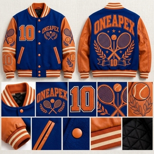 Veste de baseball pour homme, bleu et orange, en laine avec manches en cuir, design brodé, veste bomber d'équipe - Product Image 2