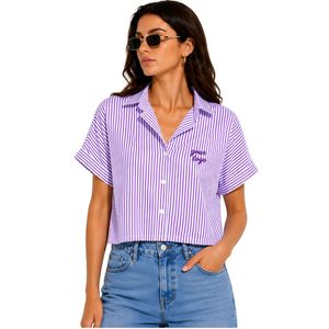 Camisa corta a rayas moradas y blancas personalizada para mujer, con logotipo bordado personalizado, manga corta, con botones, blusa informal de verano, OEM - Product Image 1
