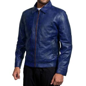<b>Men's</b> Blue Genuine <b>Leather</b> <b>Jacket</b> Turn-down Collar Zipper Closure Casual Regular Fit <b>Jacket</b> For Sale - Product Image 2