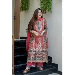 Ensemble haut-bas et dupatta en tricot rouge magnifique de la marque JD pour femmes, pour les fêtes - Product Image 3