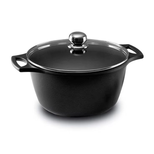 Casserole ronde en fonte émaillée avec couvercle en verre, poignées en acier inoxydable, design minimaliste durable pour cuisinières à gaz et à induction - Product Image 1